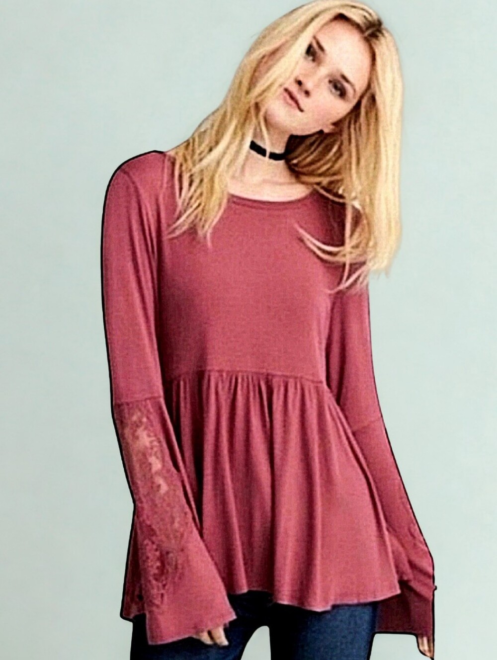 American Eagle Soft & Sexy Boho Lace Bell Sleeve Babydoll Top in Mauve | Small